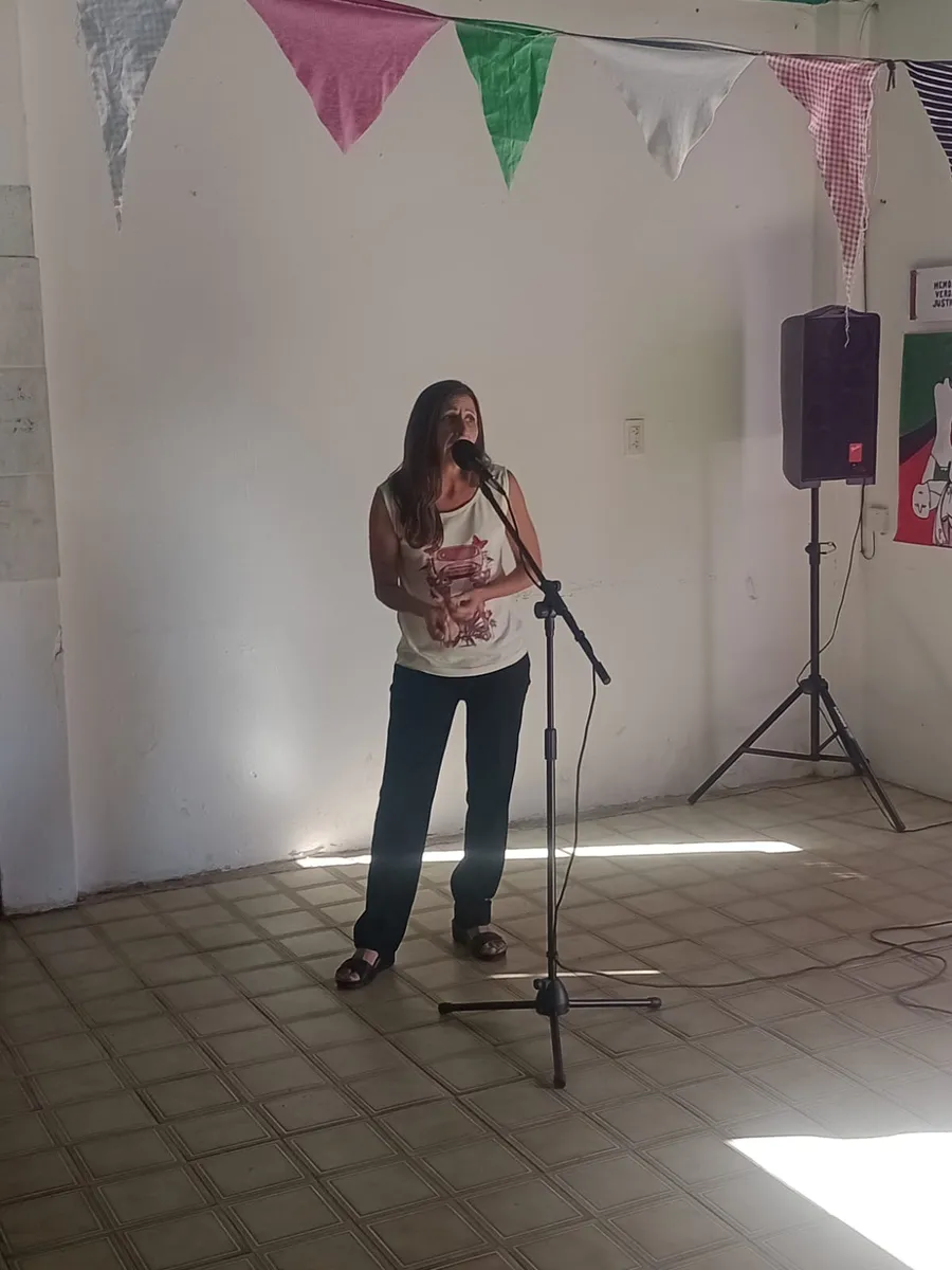 Artista cantando en vivo con banderines multicolor