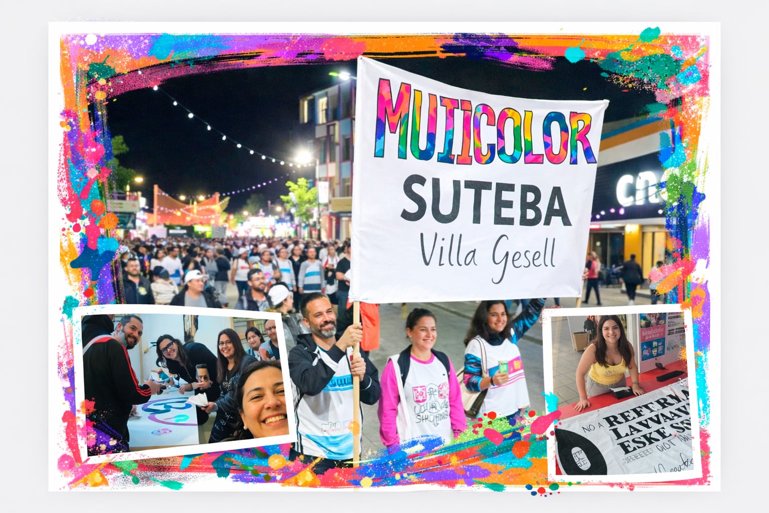 Collage de militancia de la Lista Multicolor con marco de salpicado
