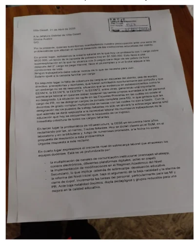 Carta presentada en Jefatura Distrital — página 1
